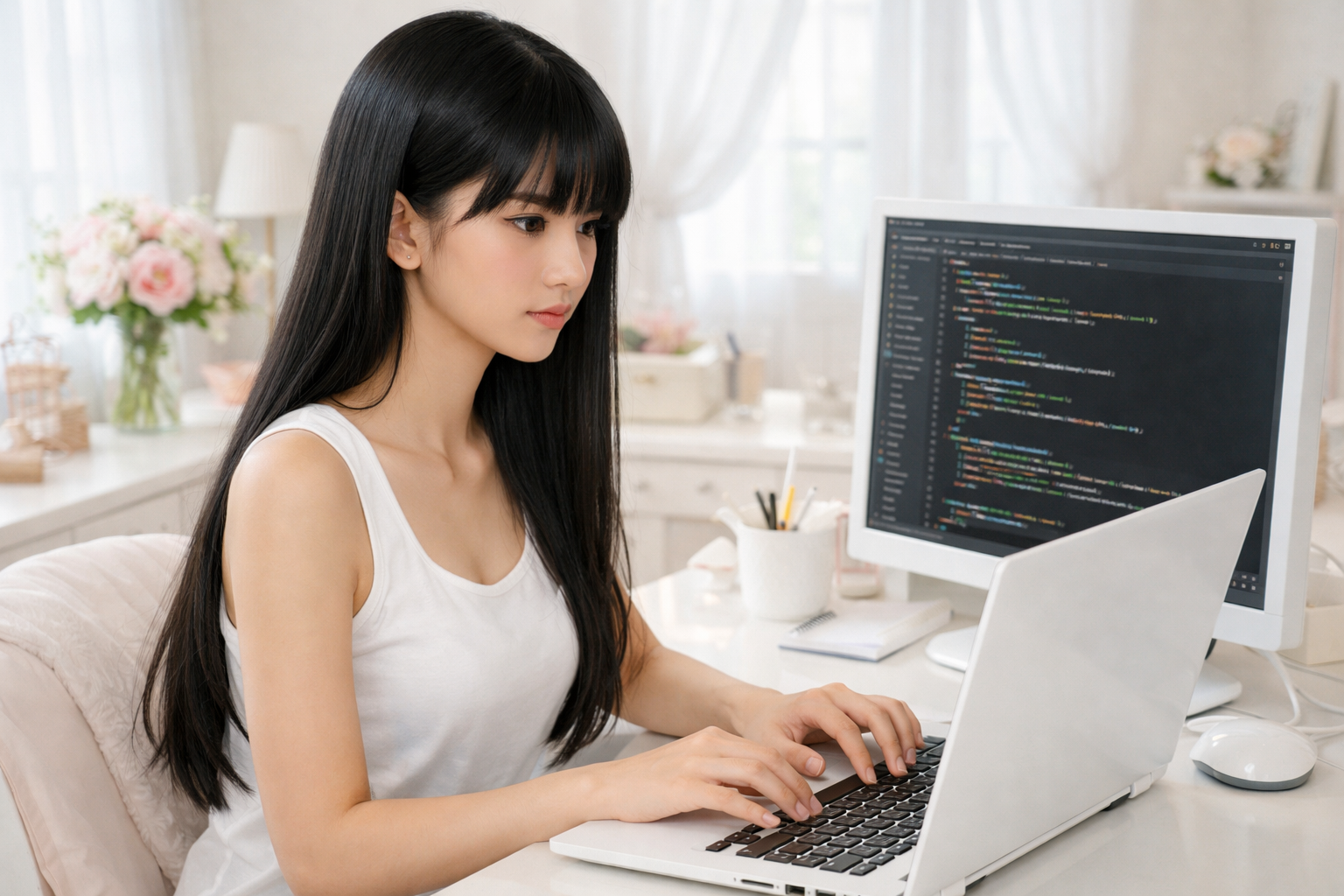 女性が自宅で日中にプログラミングしている