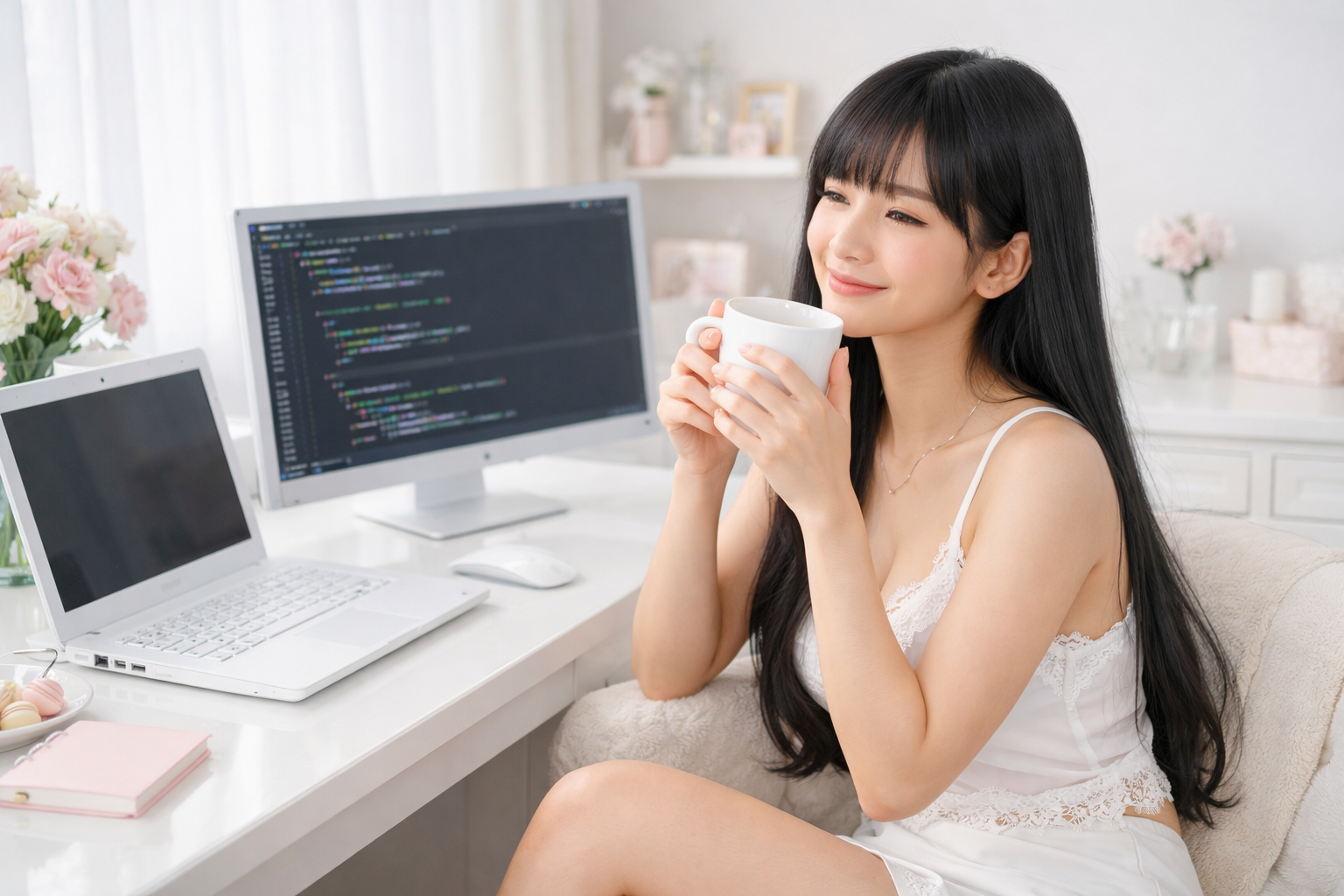 昼に女性がプログラミングの途中にコーヒーで一息