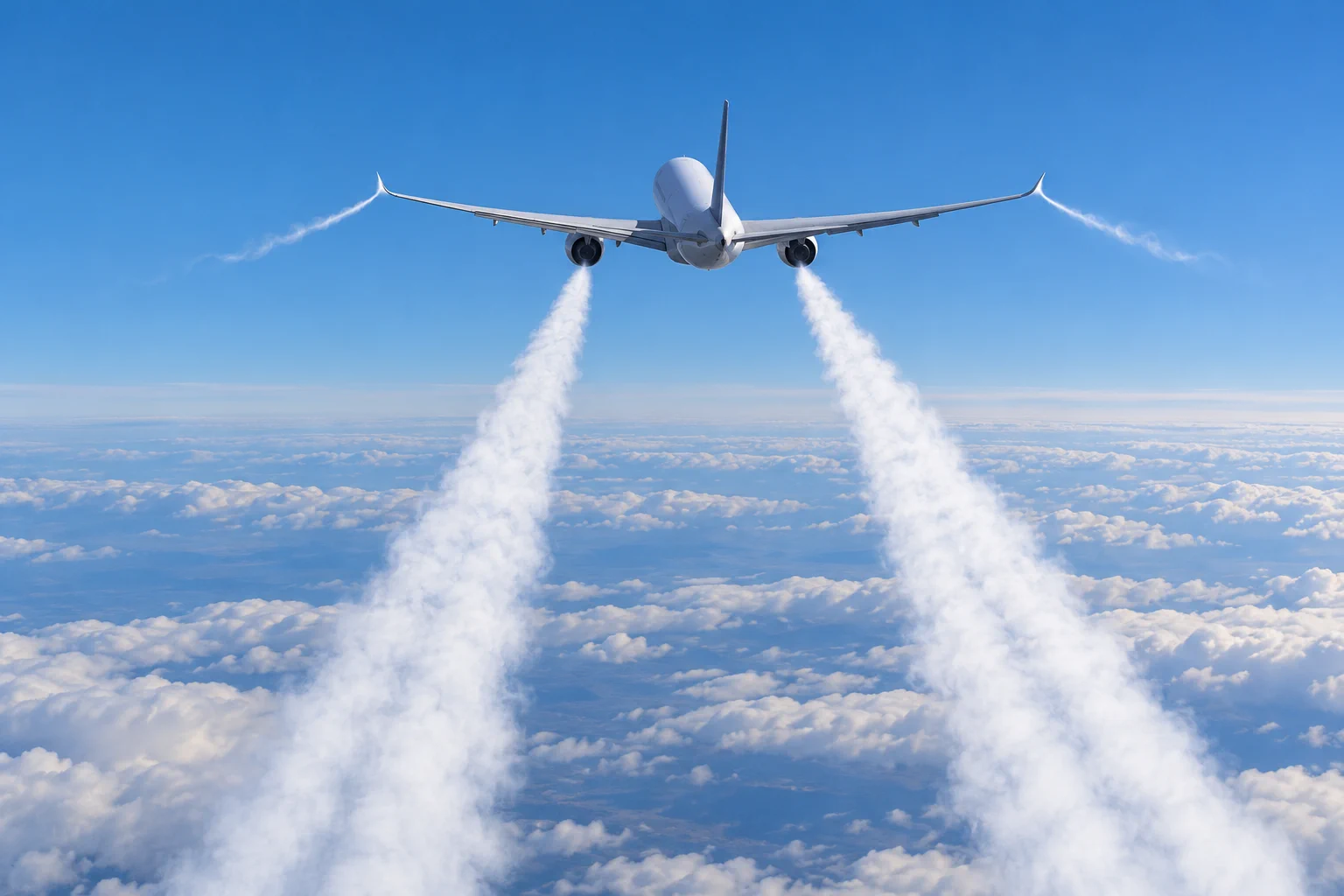 飛行機を後ろ上方から見た図。左右のエンジンの後ろから長い白い雲が伸び、左右の翼の先からは短く曲がった白い筋が出ています。