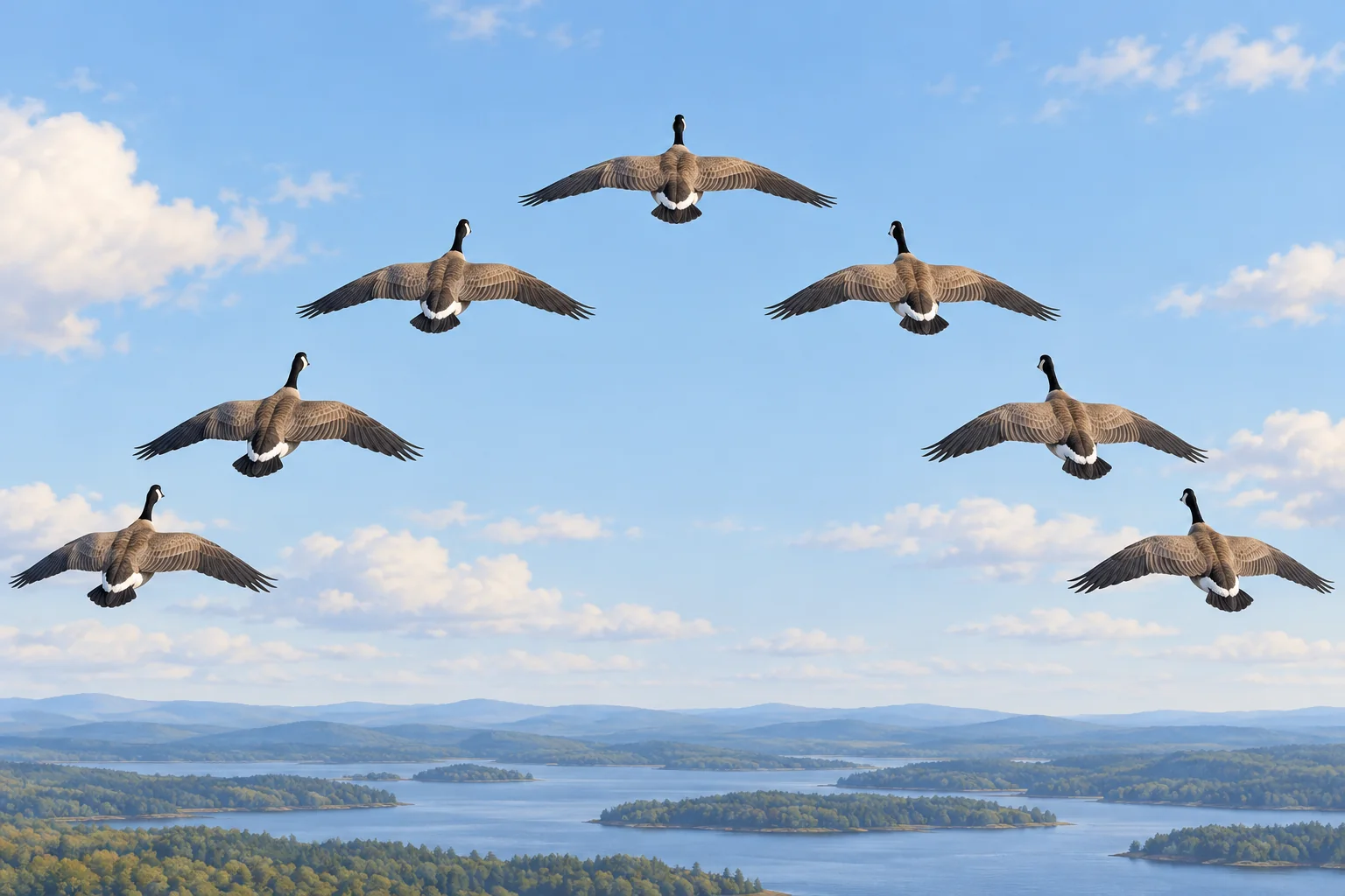 Seven birds fly in the sky. One bird leads, with three others following in a diagonal line on each side.