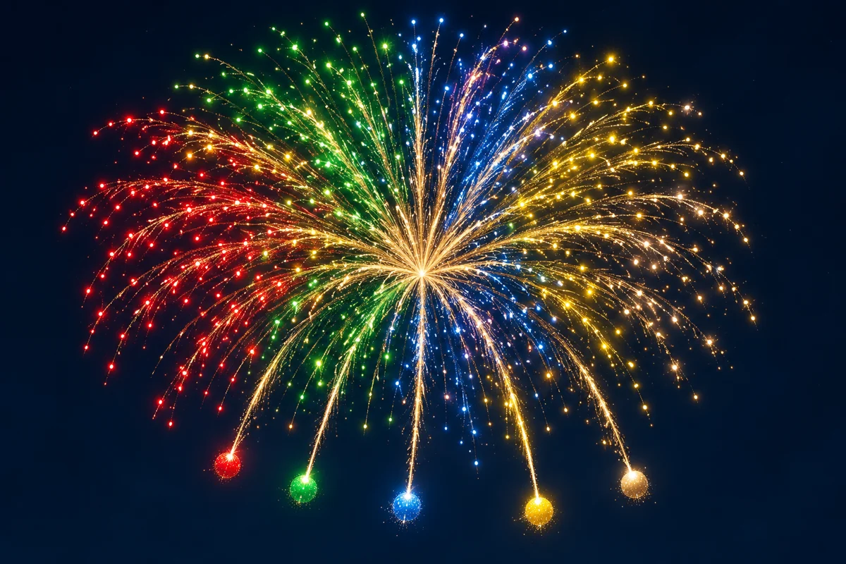 A firework opens into red, green, blue, yellow, and gold points of light across a dark sky.