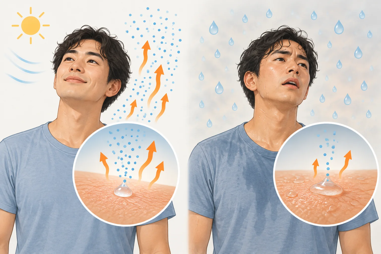 左は湿度が低く、汗から水蒸気と熱が空気中へ移る様子。右は湿度が高く、汗が肌に残り、熱が逃げにくい様子。