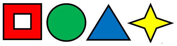 赤色の穴あきボックス、緑色の円、青色の三角形、黄色の星の 4 つの形状が利用できます。